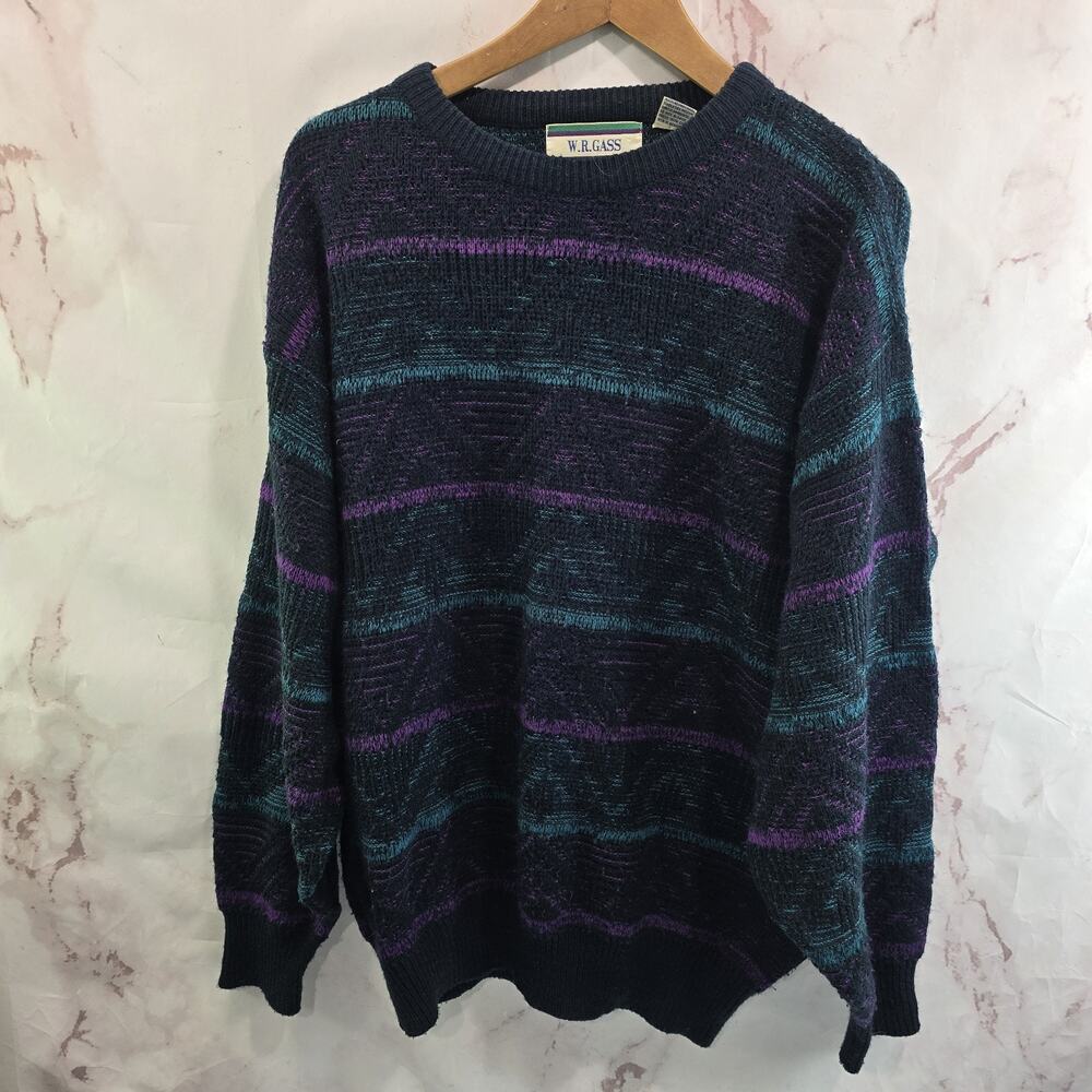 Vintage Sweater Mens Medium Black Purple Stripe Acrylic 80s 90s Raglan